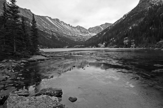 An icy Mills Lake in October, Rocky Mountain National Park, Colorado, USA